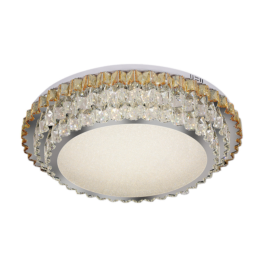 Modern flush mount light installed in a stylish bedroom with a neutral color palette, providing warm illumination.