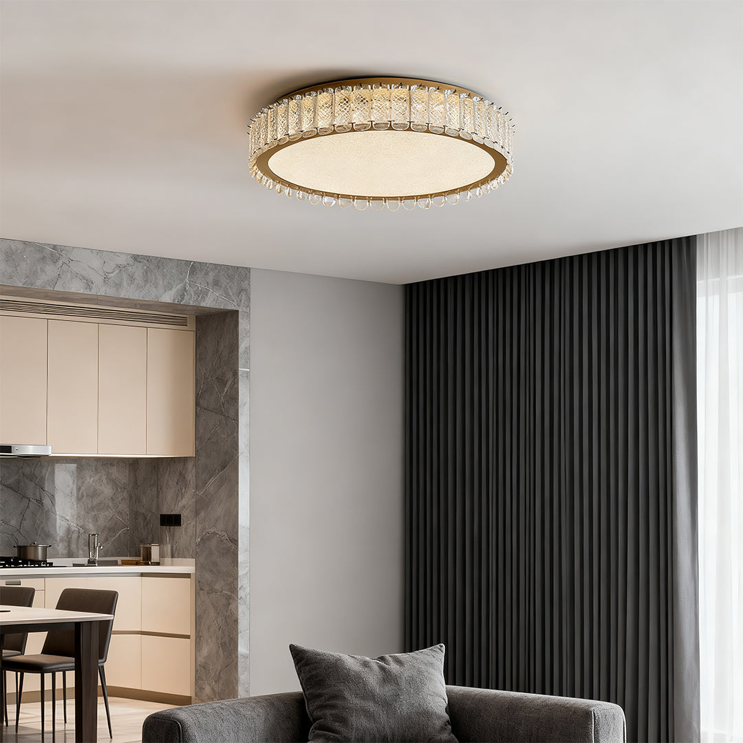 Modern flush mounted LED lights with glass shade chandelier styling providing sleek illumination in contemporary kitchen and living area.