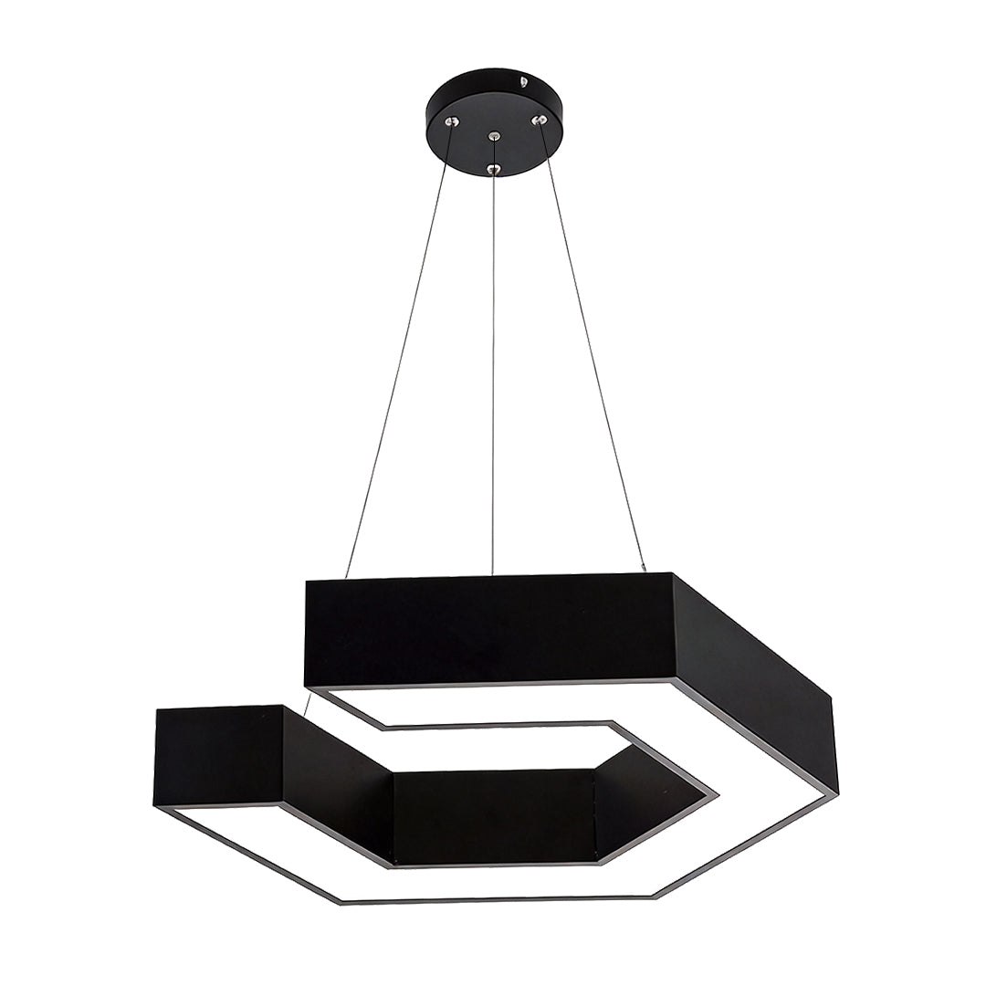 Product display of modern forms chandeliers with hexagonal LED structure, suspended by cables against a clean white background.