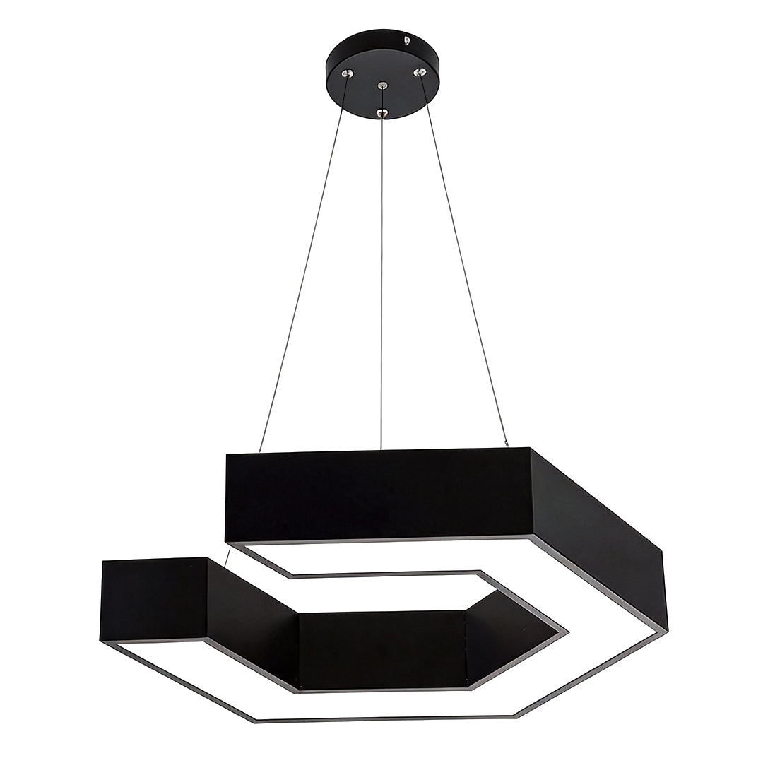 Angled product view of modern forms chandeliers, emphasizing layered geometric LED construction and contemporary industrial styling.