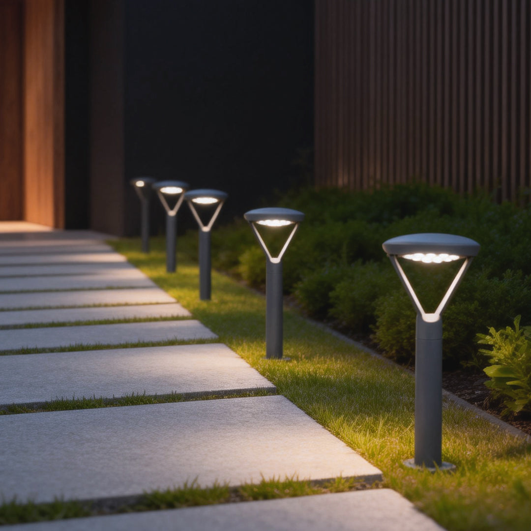 Contemporary garden pole lamp with a minimalist look, providing effective outdoor lighting for pathways and garden areas.