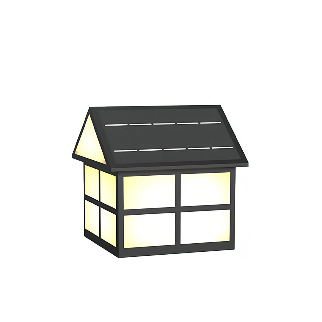 Modern gate pillar top lights with balanced warm lighting and a sturdy black roof for outdoor entrances.