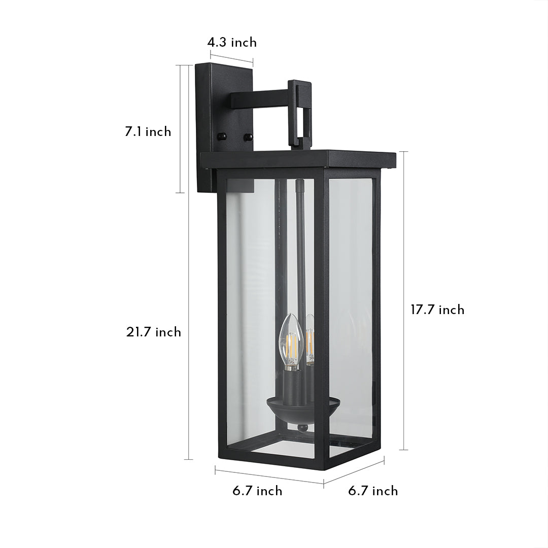 Black external wall light with clear glass panels and modern geometric design, including detailed dimensions.
