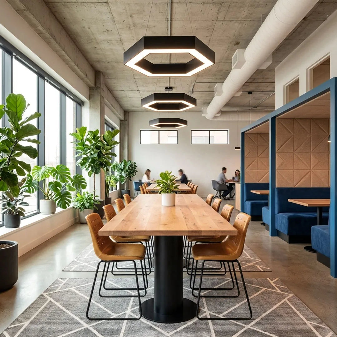 Modern geometric chandelier lighting a long collaborative meeting table in a contemporary office interior.