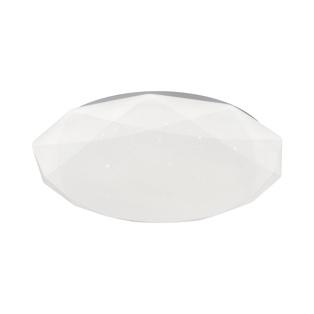 Top view of modern geometric flush mount ceiling light featuring faceted white surface design.
