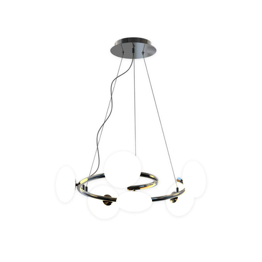 Modern glam chandelier configuration showing balanced distribution of glass shades around a circular frame.