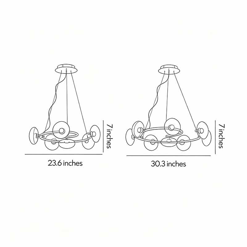 Dimension diagram of modern glam chandelier showing size details and hanging height specifications.