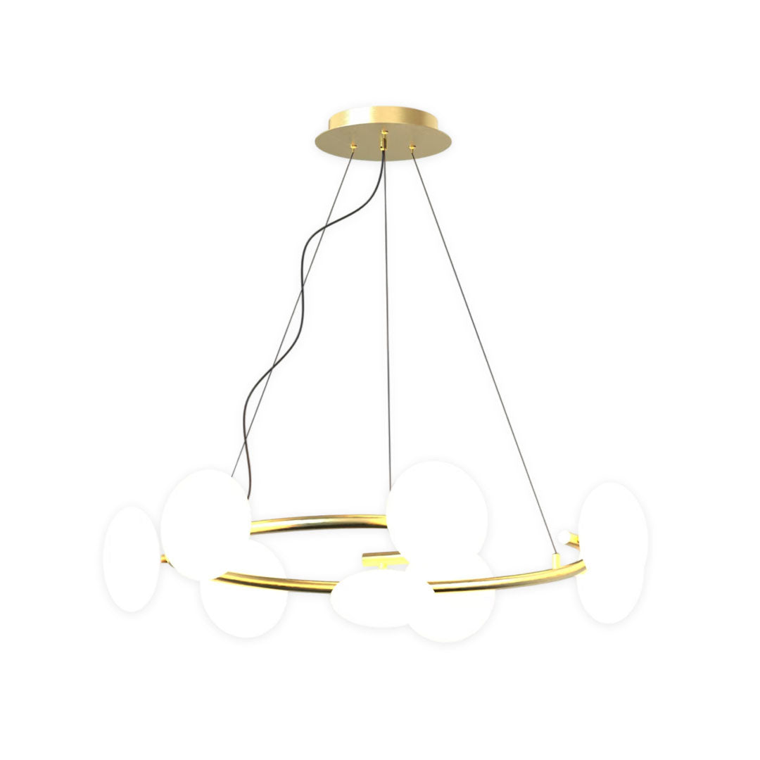 Modern glam chandelier lighting design with evenly spaced glass discs and elegant hanging structure.