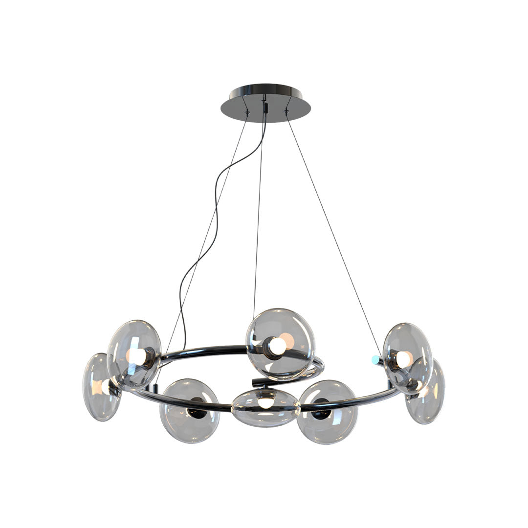Modern glam chandelier variant with multiple glass discs arranged evenly on a sleek metallic ring.