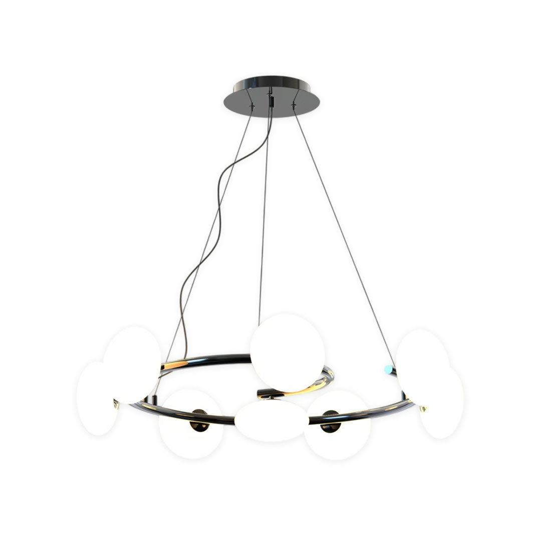 Modern glam chandelier in gold finish with circular frame and translucent glass elements in product view.