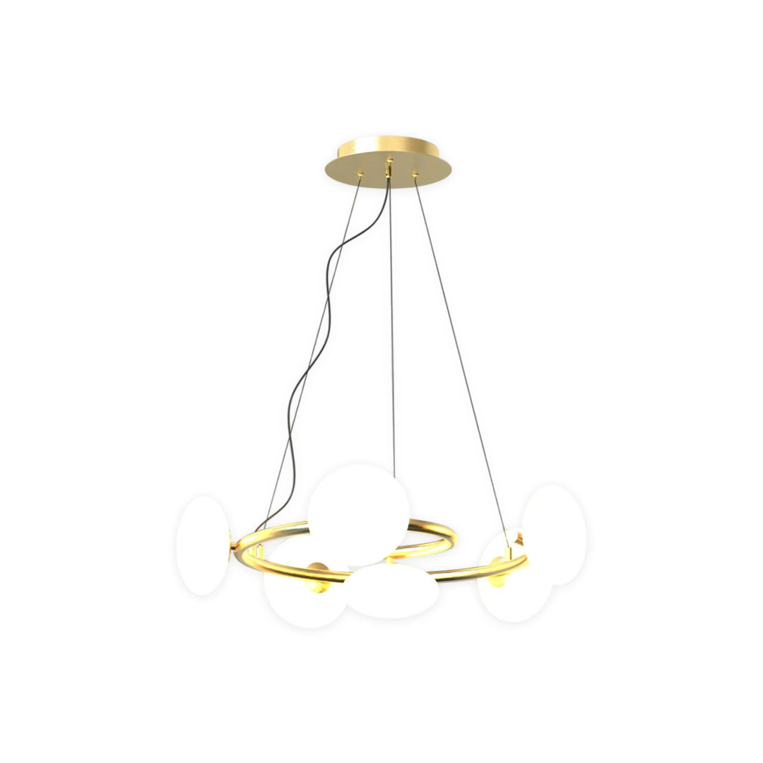 Modern glam chandelier variation with illuminated glass discs and warm lighting effect in product display.