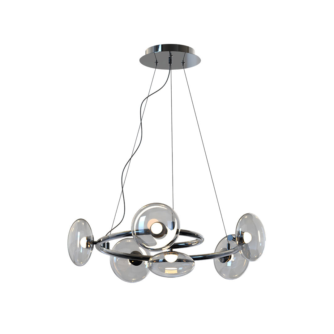 Modern glam chandelier with circular frame and glass shades shown in white background product display.