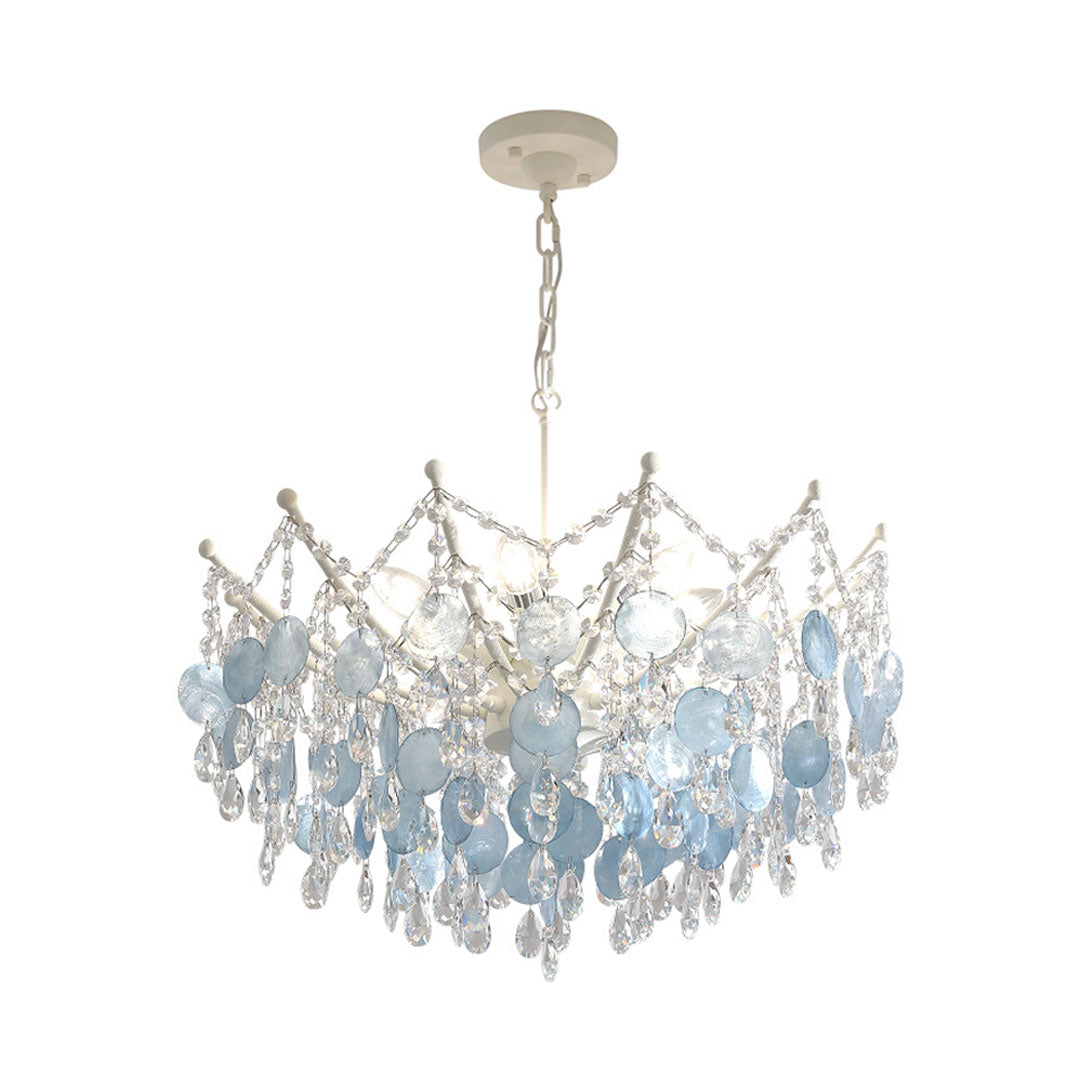 Glam chandelier featuring layered glass discs and crystal drops in a contemporary design.