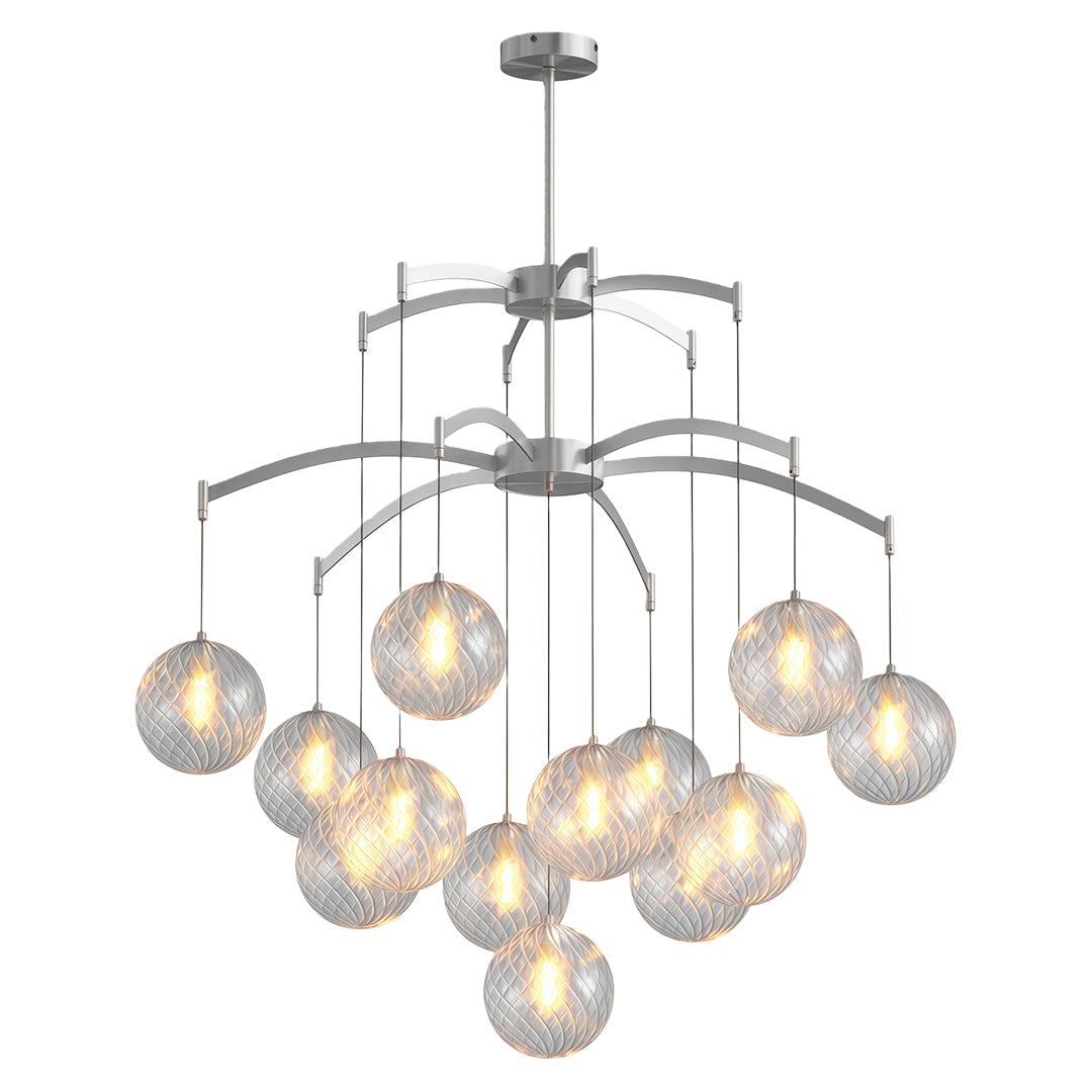 Modern glass ball chandelier with a black frame, showcasing its elegant and sophisticated design.