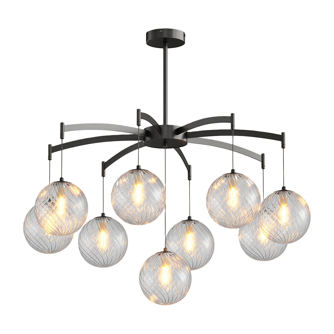 Modern glass ball chandelier with a black frame, hanging in a modern dining room with a stylish decor.
