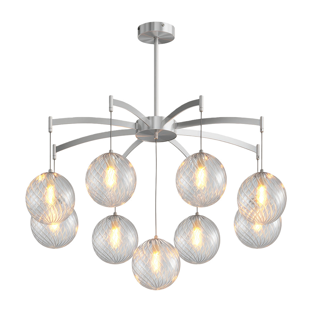 gold modern glass ball chandelier installed above a contemporary dining table