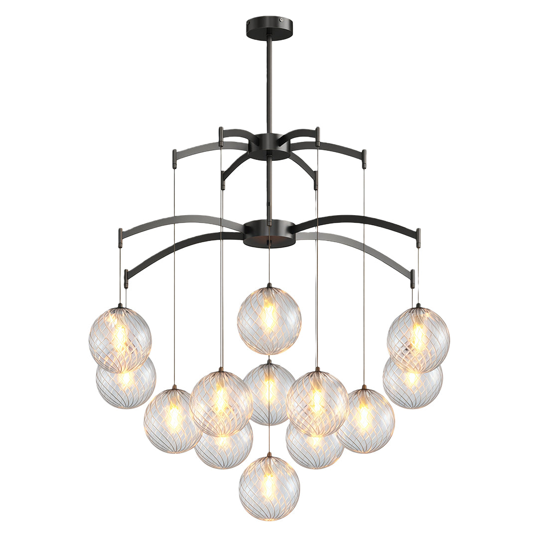 Modern glass ball chandelier with a gold frame, hanging in a modern interior with a minimalist theme.