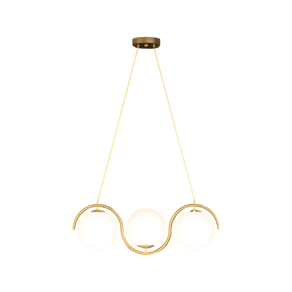 Modern glass ball linear chandelier with soft, ambient lighting, perfect for illuminating dining or living areas.