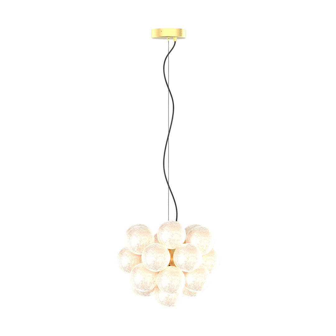Glass bubble chandelier with dense globe arrangement and soft lighting effect.