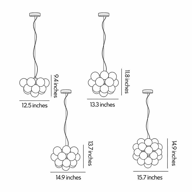 Technical drawing of modern glass bubble chandelier with dimensions for installation.