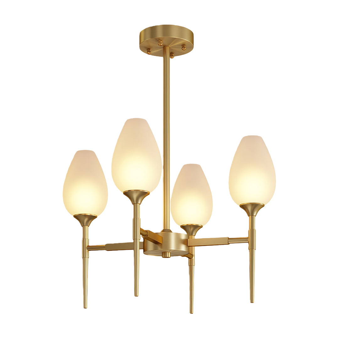 Modern glass chandelier featuring glass shade chandelier aesthetic in brushed brass with candelabra styling and frosted flame shades.