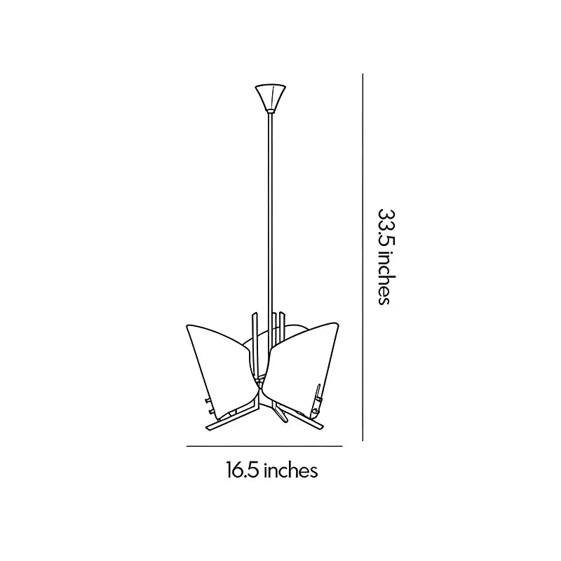 Modern glass chandelier dimension drawing showing the overall height and width measurements.