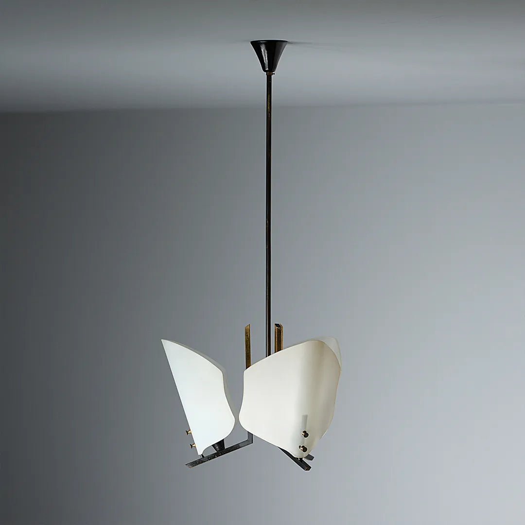 Modern glass chandelier full product image showing a suspended fixture with curved glass shades.
