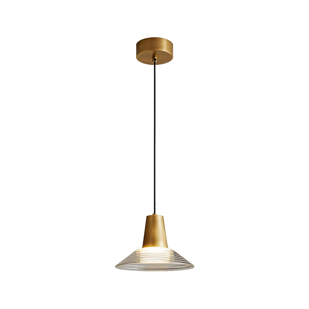 Modern glass cone pendant light fixture with a gold finish and ribbed shade on white background