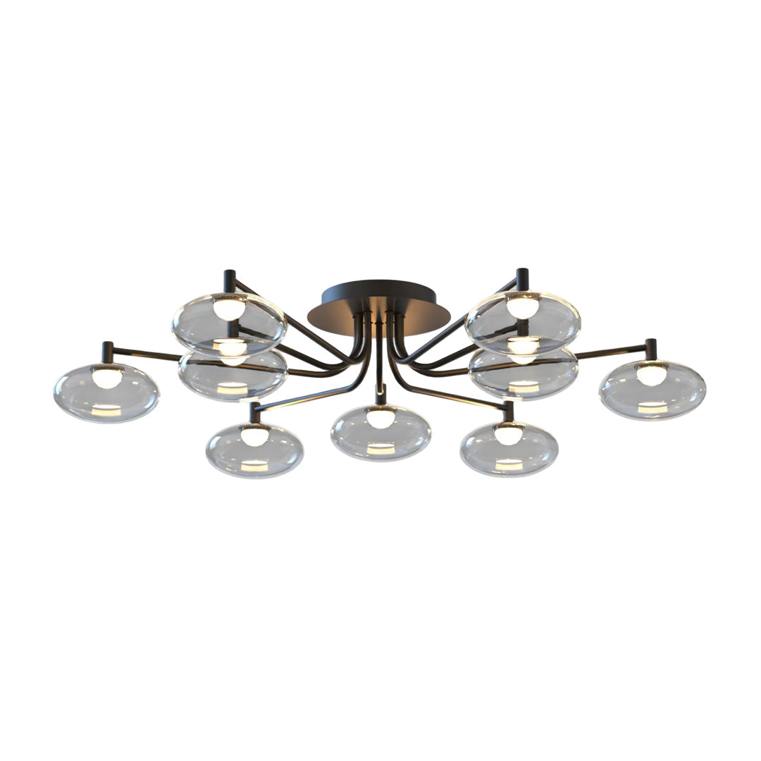 Modern glass flush mount ceiling light with extended arms and clear globe shades.