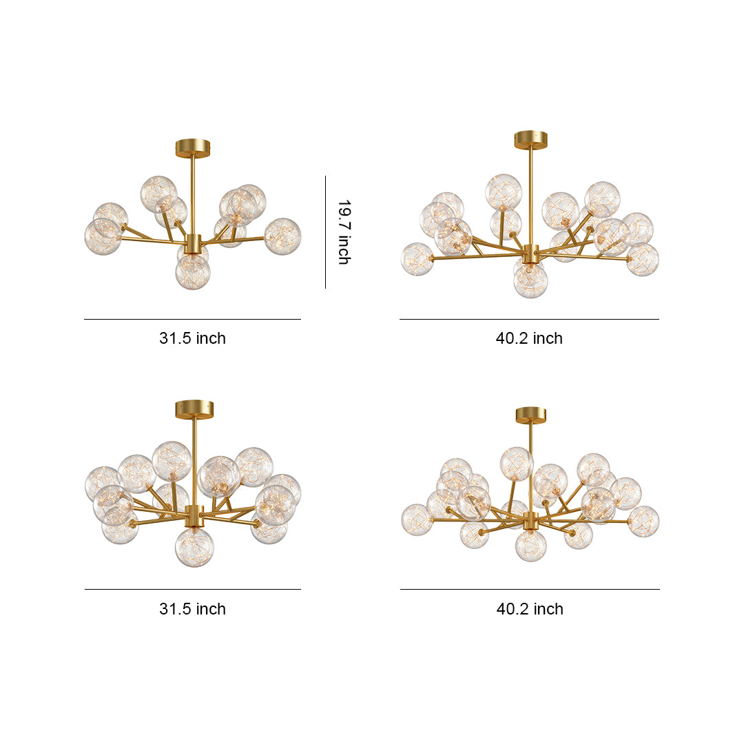 Modern glass globe chandelier specification diagram showing multiple size and configuration options