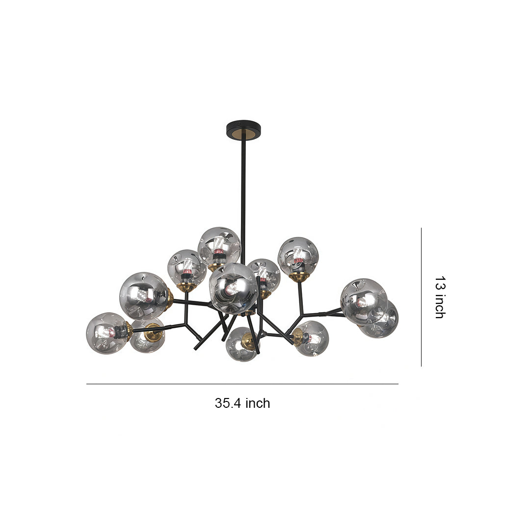 Modern glass globe chandelier with multiple spherical lights, featuring a sleek black metal frame.