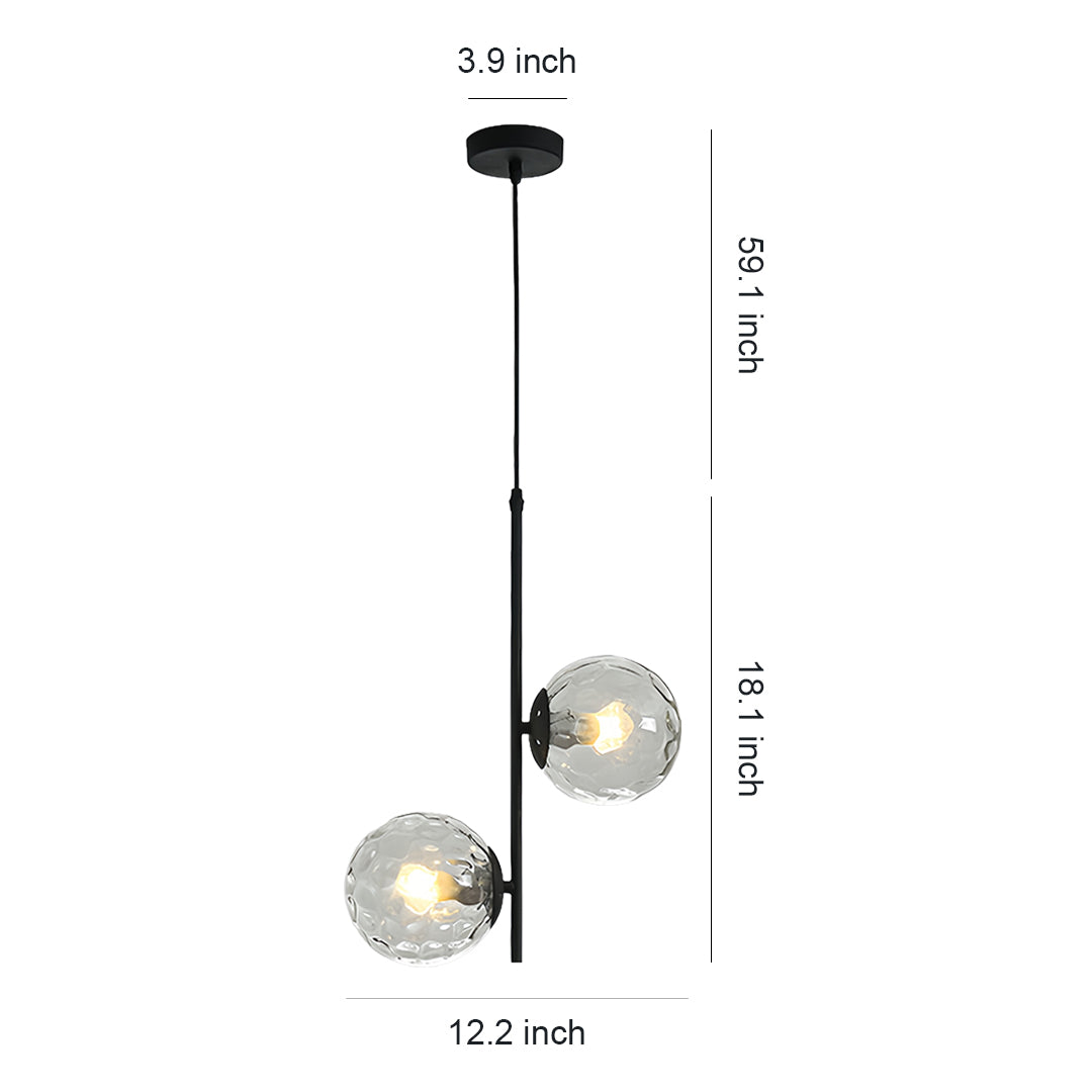 Modern glass hanging pendant lights with clear spherical shades and black mounting hardware for contemporary lighting