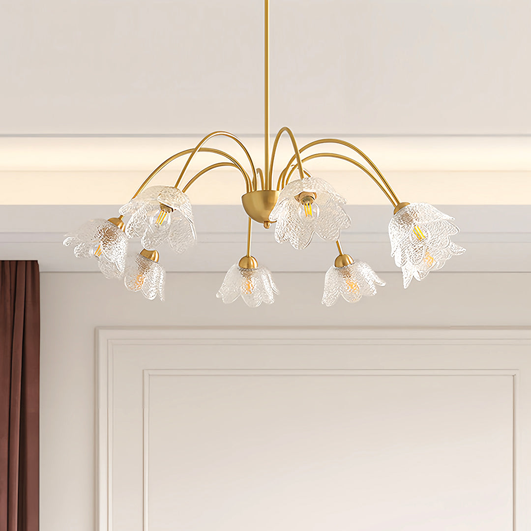 Modern glass shades chandelier creating focal point in minimalist white interior design