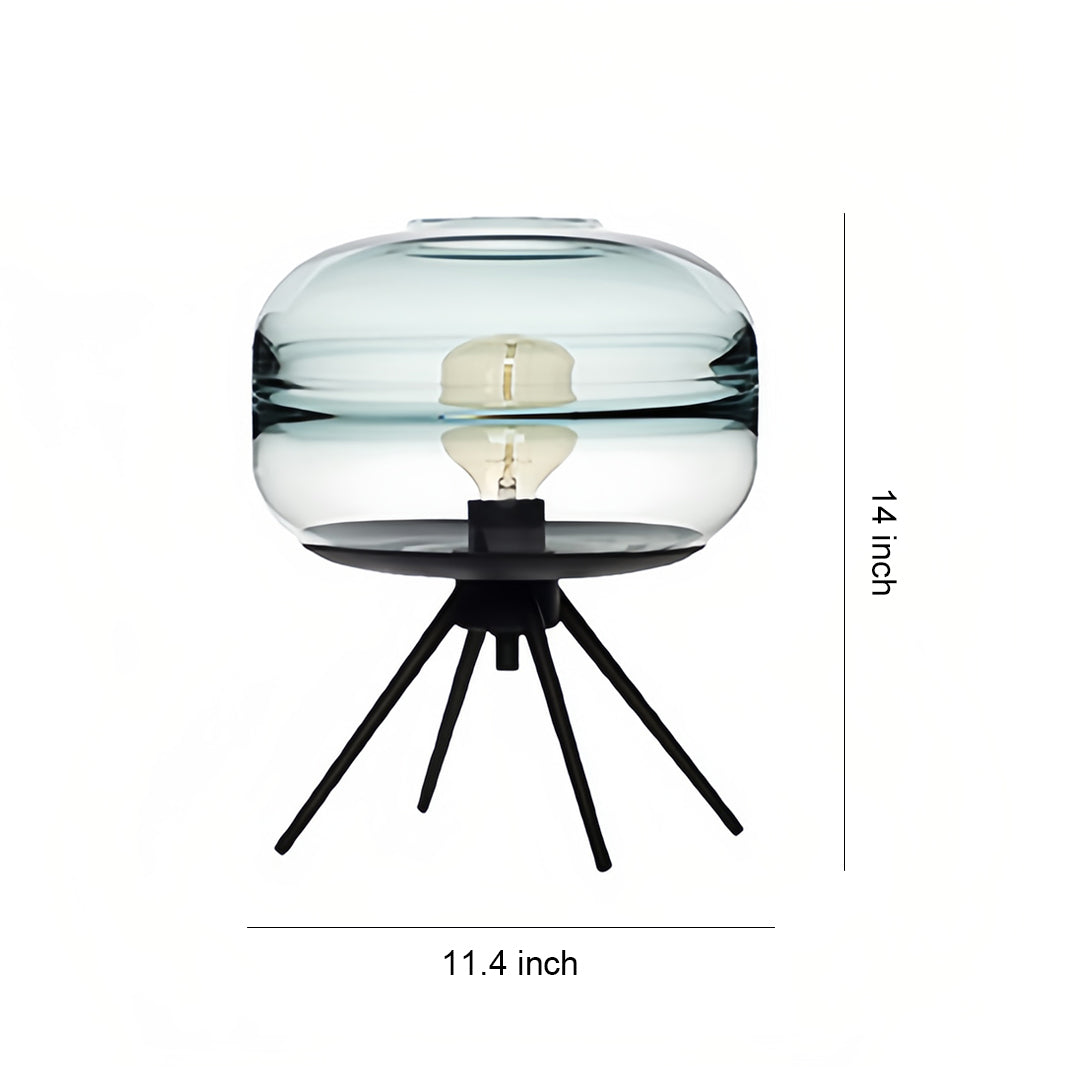 Modern glass small table lamp with clear dome shade and black tripod legs for contemporary lighting