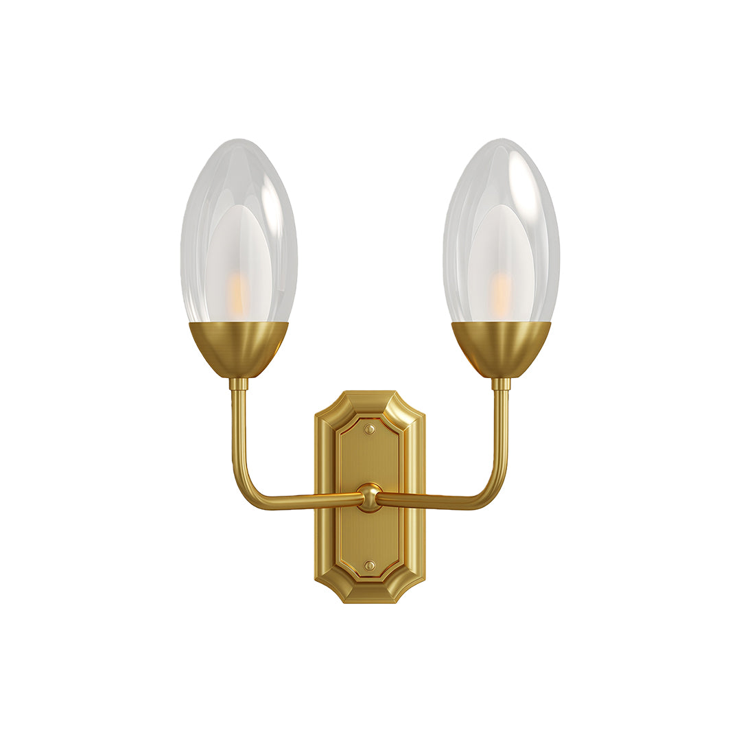 Modern glass wall light featuring glass shade chandelier aesthetic in polished brass with elegant twin-arm candle design.