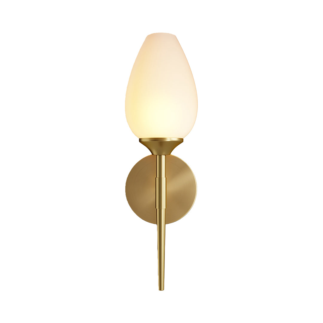 Modern glass wall lights featuring glass shade chandelier aesthetic in brass finish with organic flame-shaped frosted glass diffuser.