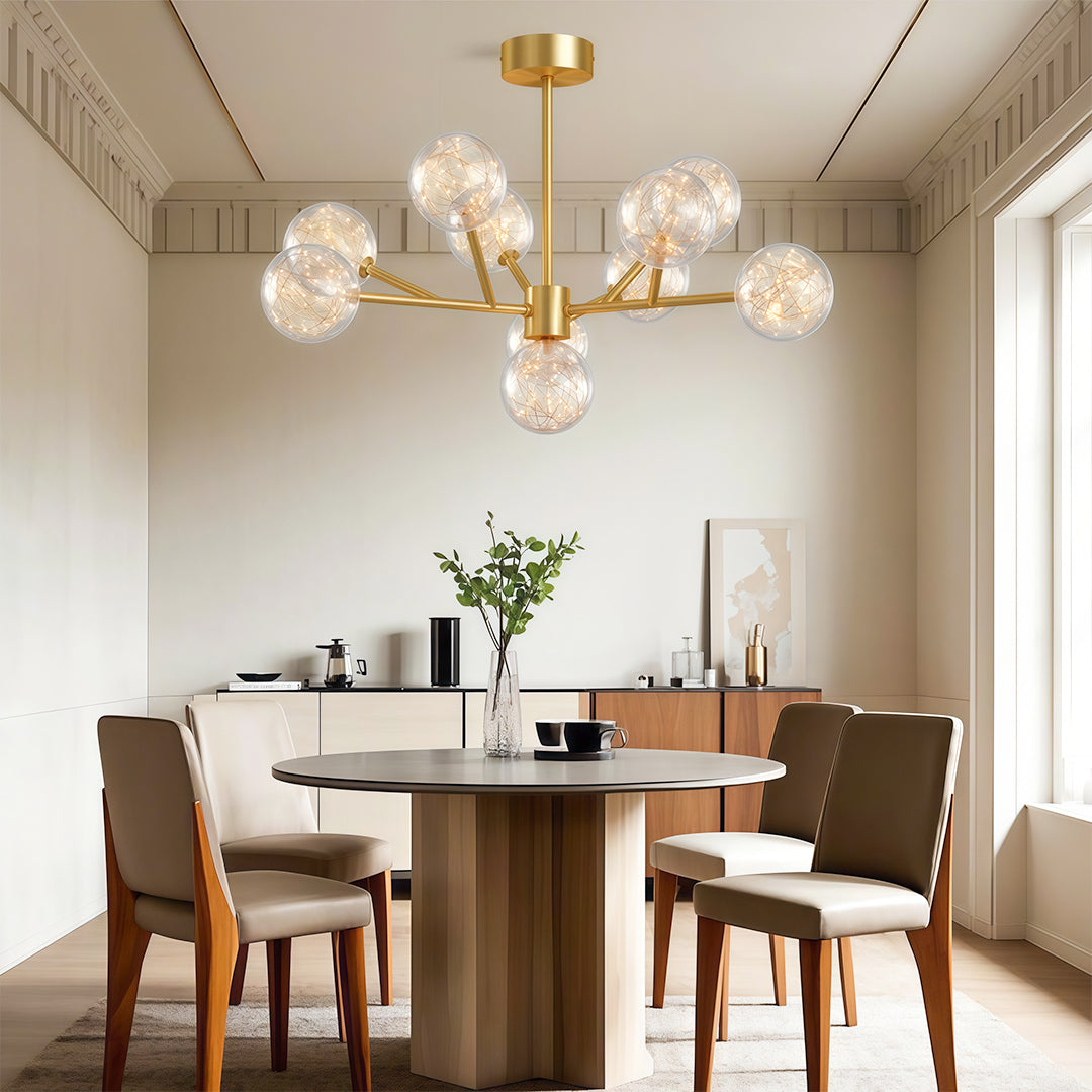Modern luxury chandeliers lighting minimalist dining area with brown leather chairs