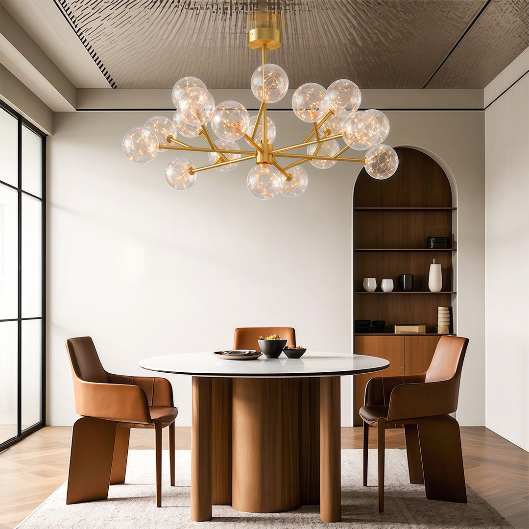 Modern glass globe chandelier enhancing sophisticated dining room with round table and large windows