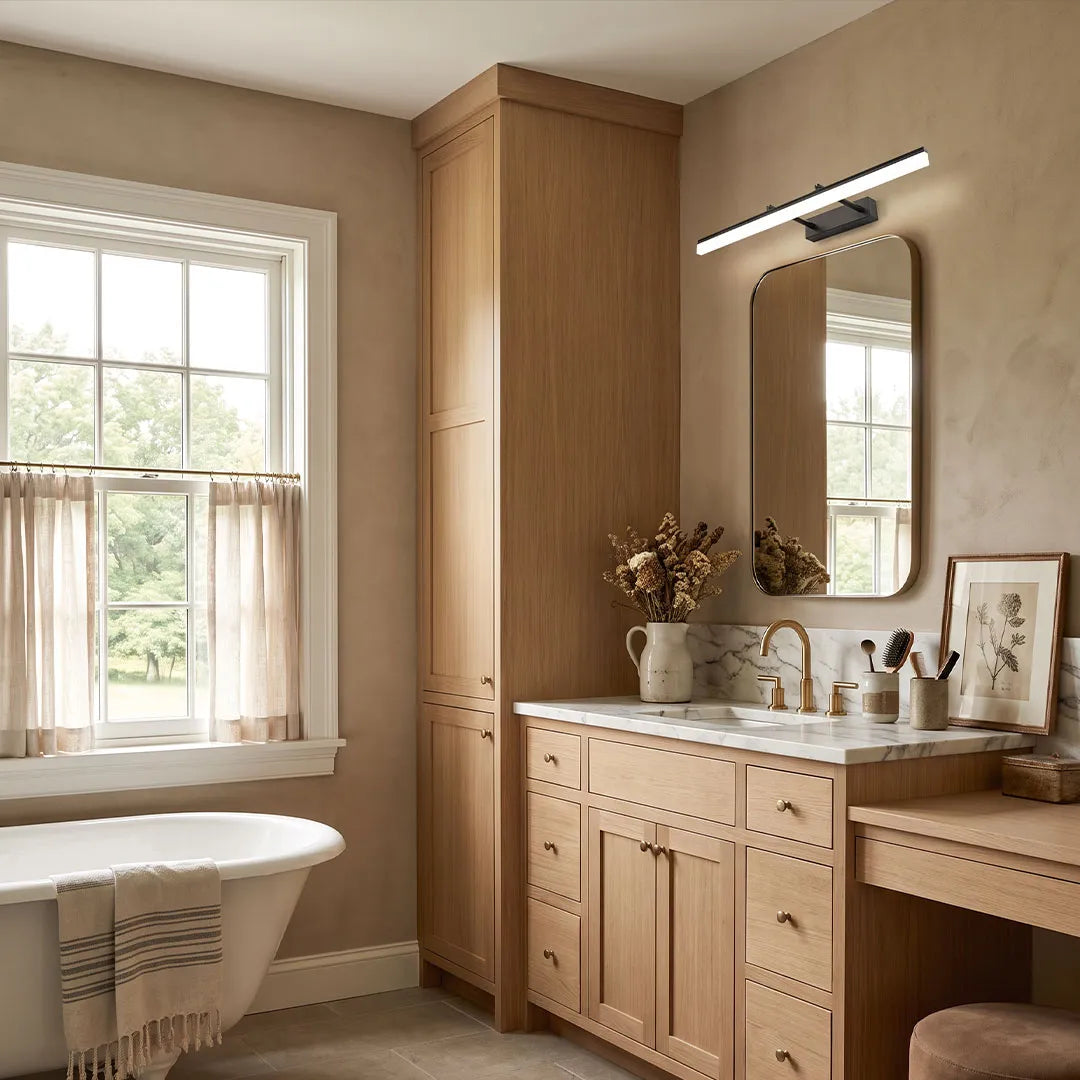 Modern gold bathroom vanity lights above a wall mirror in a warm wood vanity bathroom.
