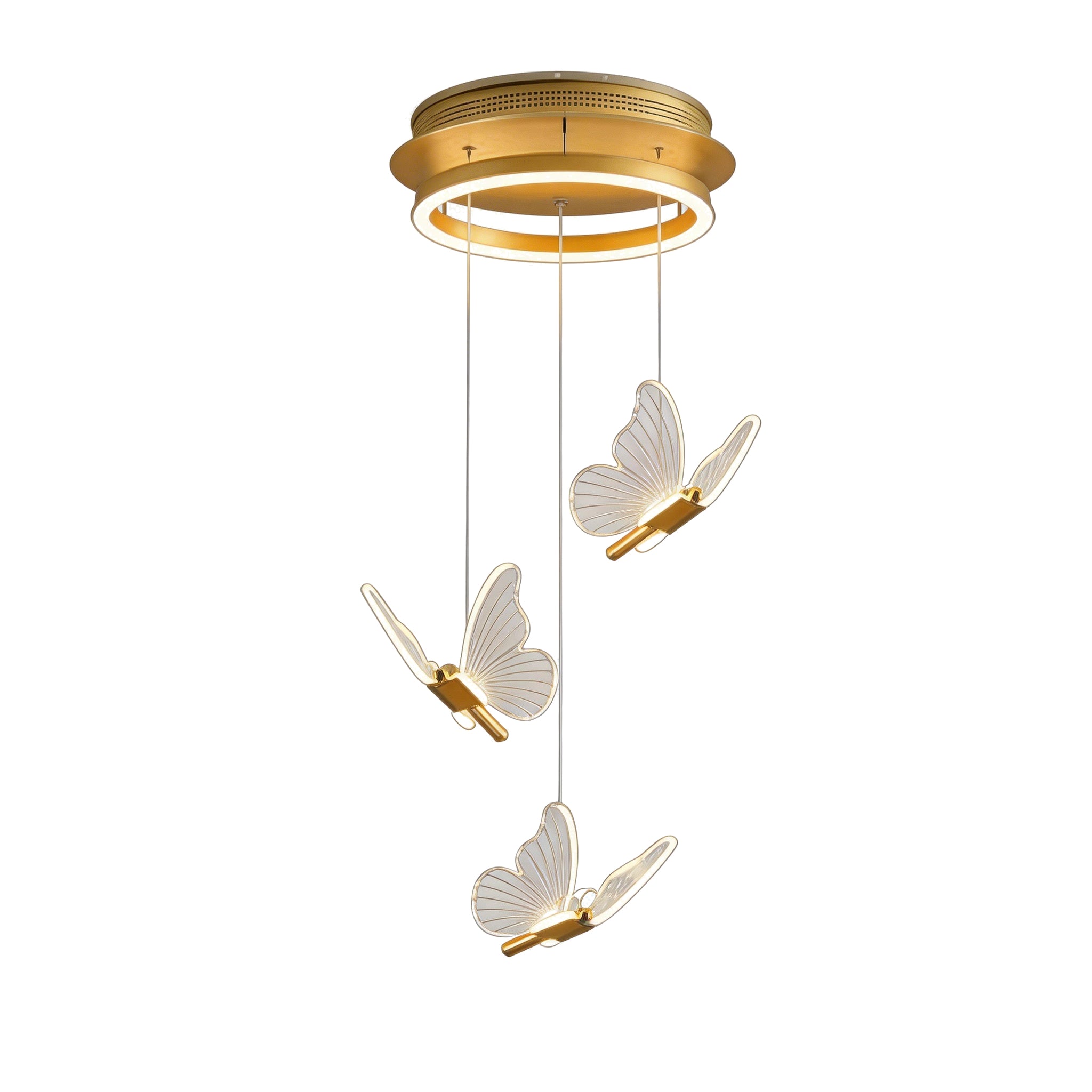 Modern gold butterfly chandelier with three staggered pendant lights hanging from a round base