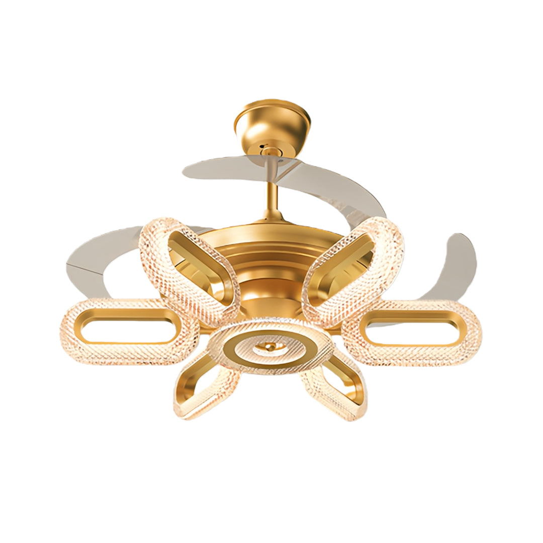 Modern gold ceiling fans with lights, showcasing a sophisticated and artistic blade arrangement