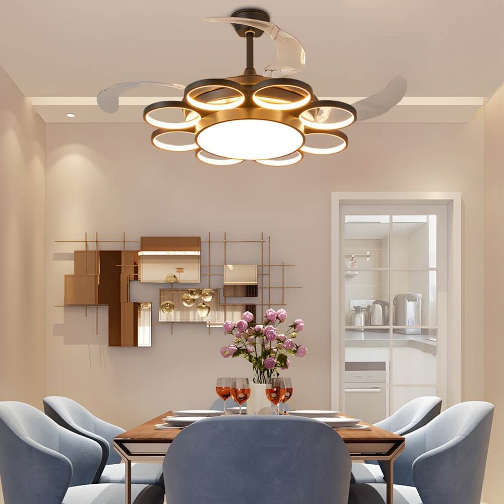 Modern gold ceiling fan with light, close-up of its sleek design and gold finish.