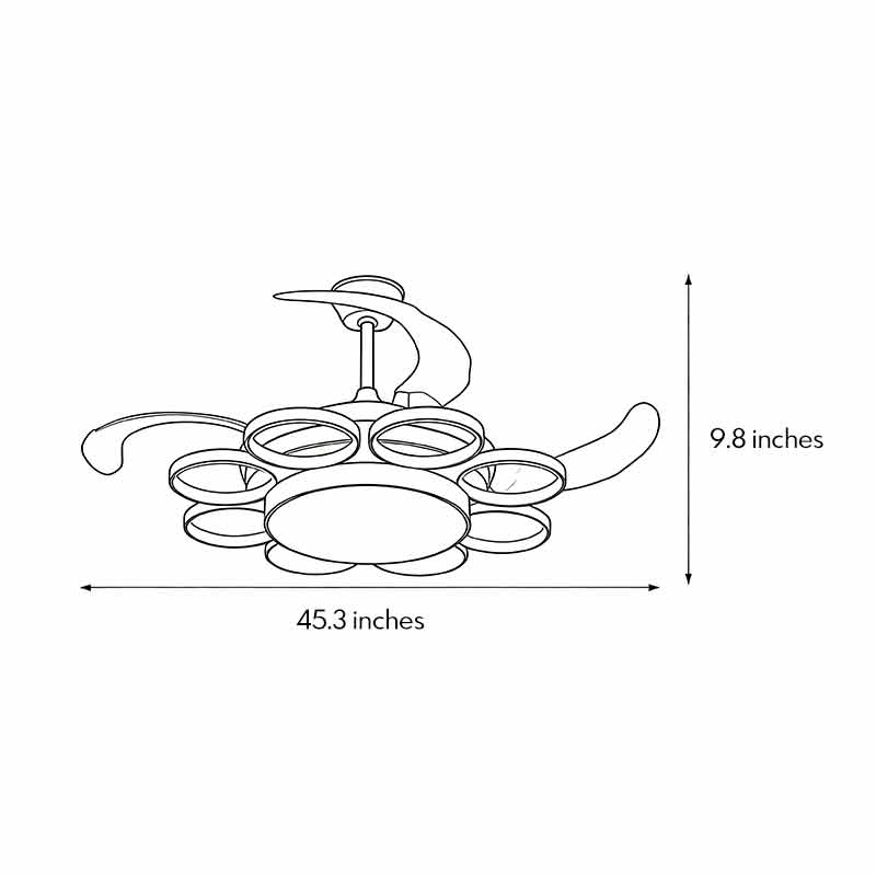Technical diagram showing dimensions and structure of modern gold ceiling fan with light models.