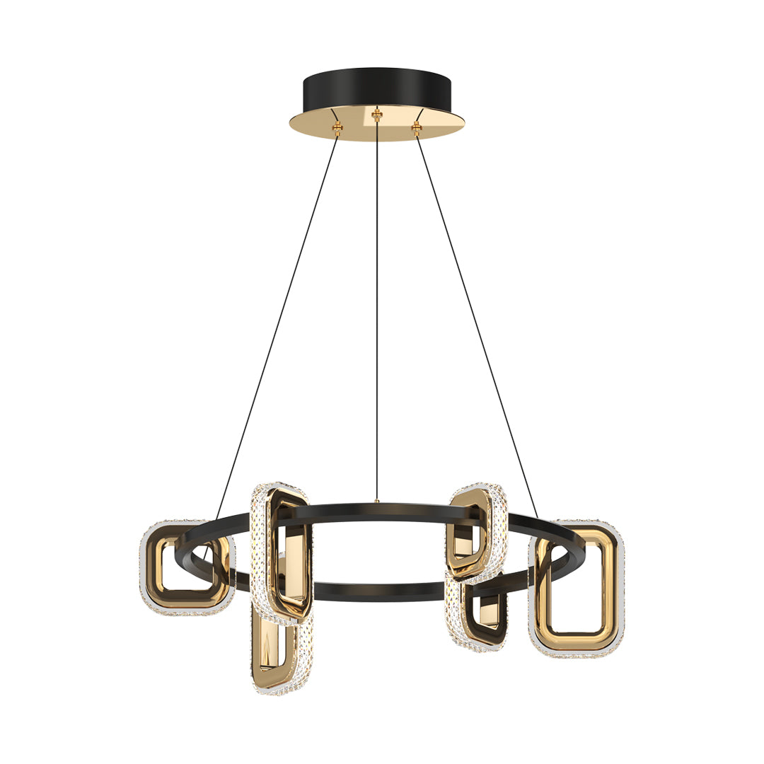 Modern gold chandeliers featuring circular ring structure with evenly distributed rectangular glass cage pendants