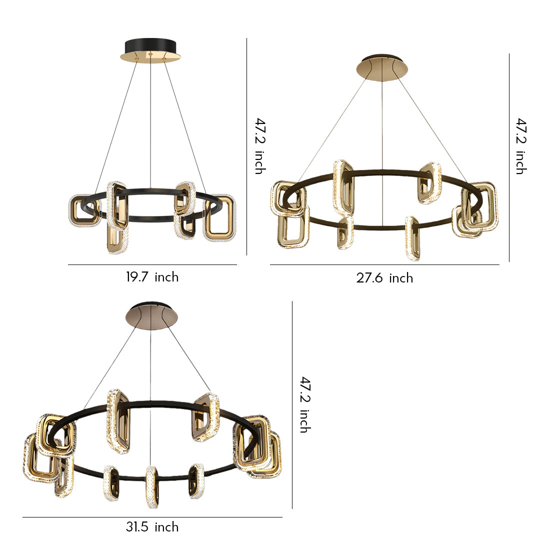 Modern gold chandeliers collection displaying various circular ring designs with rectangular glass cage elements in brass finish