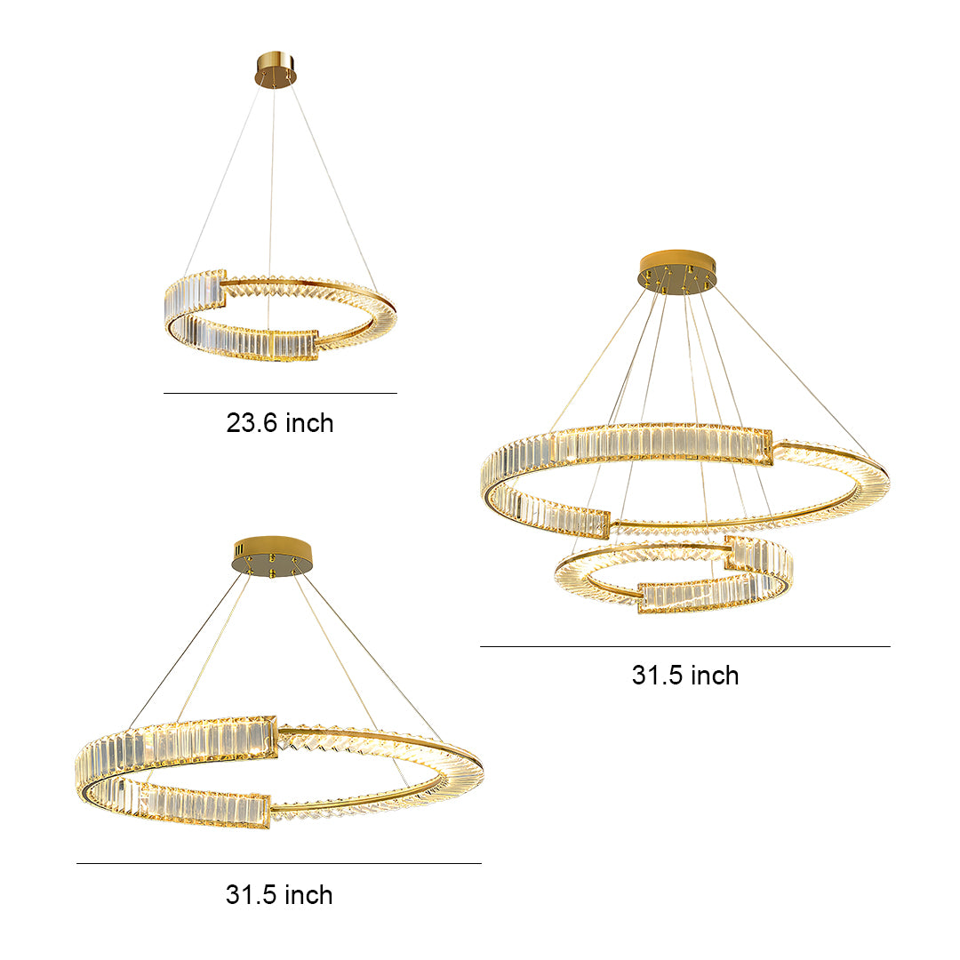 Modern gold crystal chandelier with circular ring design and crystal embellishments on white background