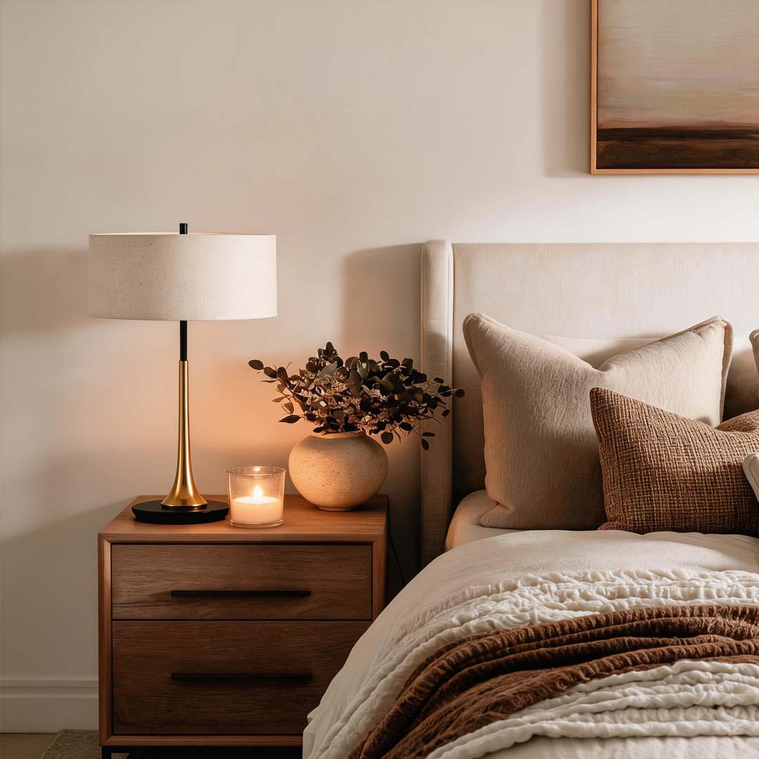 Modern gold fabric table lamp with a cream linen shade on a wooden nightstand in a cozy bedroom.