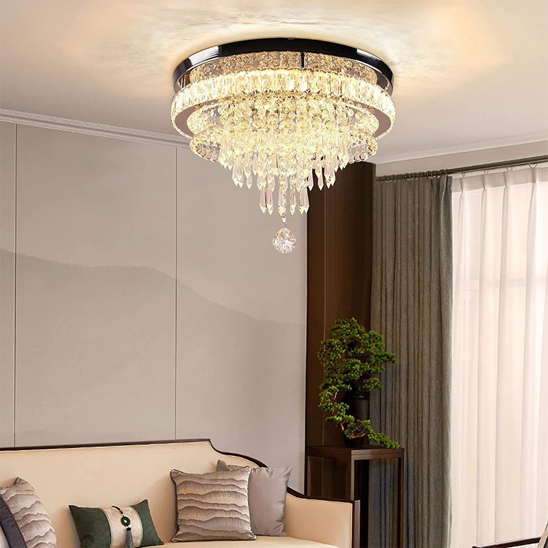 Modern gold flush mount light in sophisticated dining space with warm wood tones and contemporary decor