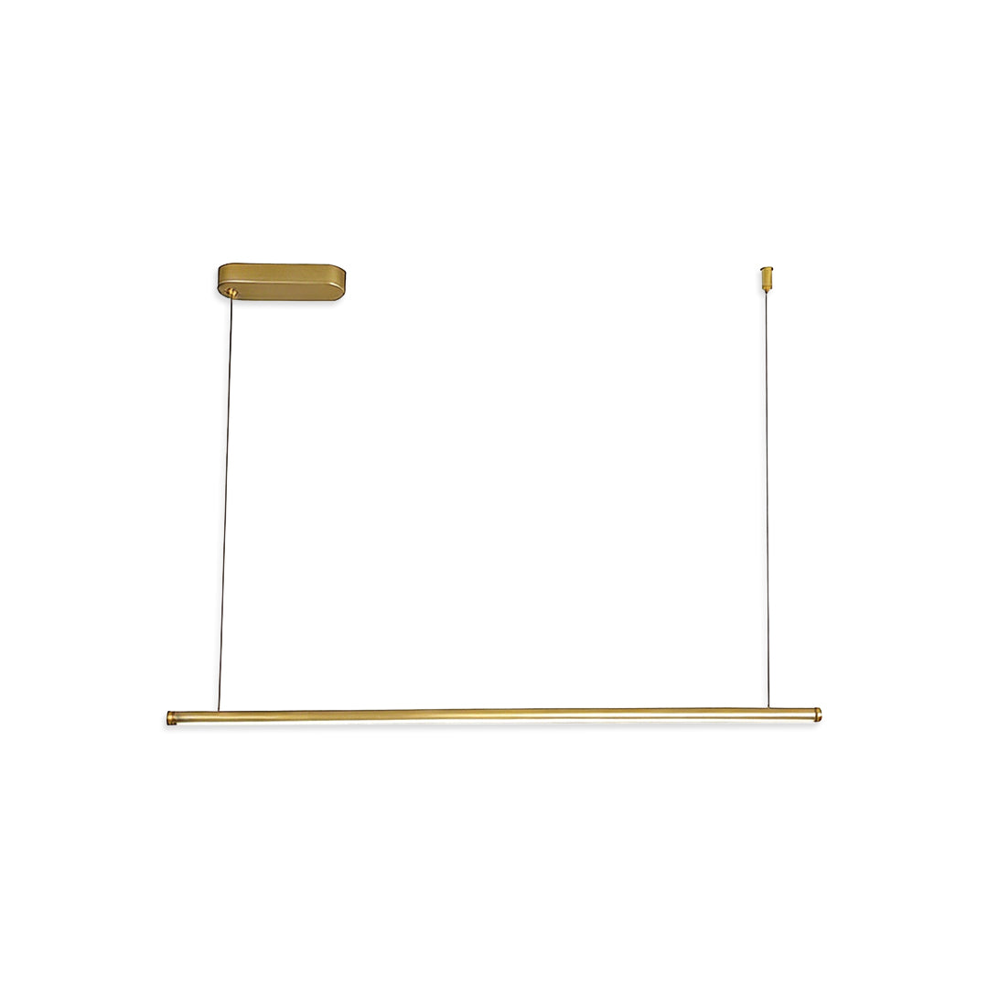 Modern gold linear pendant light isolated on white background with suspended cable design.