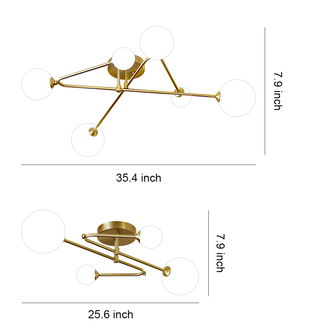 Modern gold semi flush mount light with branching arms and contemporary sputnik-style design